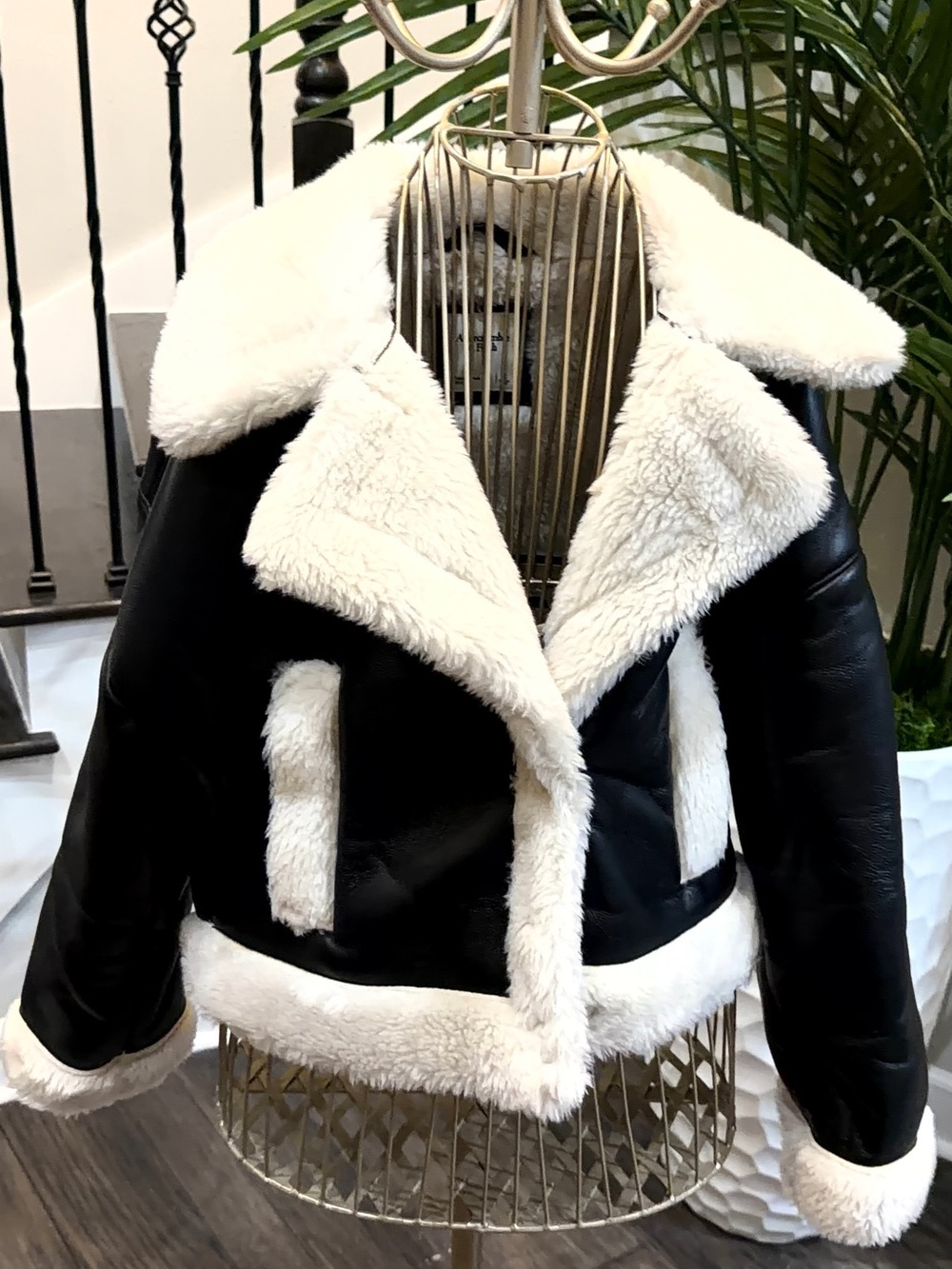 Abercrombie & Fitch Black Faux Leather Jacket with White Shearling Trim
